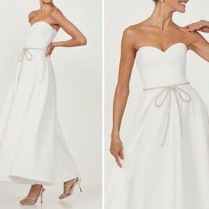 NWT HELSI Grace Sweetheart Strapless Crystal Bow White Midi Dress Small